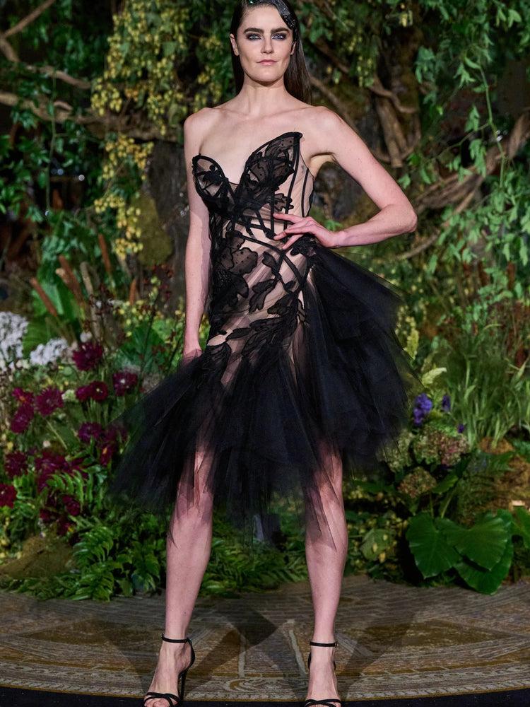 christian siriano BLACK ABSTRACT TATTOO LACE TULLE APPLIQUE COCKTAIL DRESS