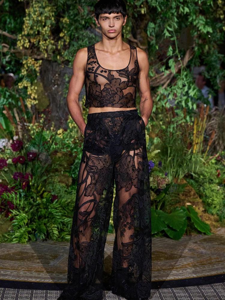 christian siriano BLACK ABSTRACT TATTOO LACE WIDE LEG TROUSERS