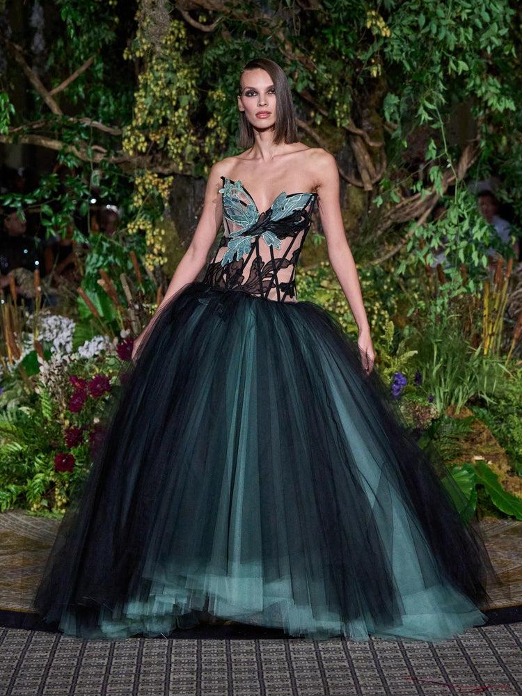 christian siriano BLACK AND SEAFOAM ABSTRACT TATTOO LACE CORSETED TULLE BALL GOWN