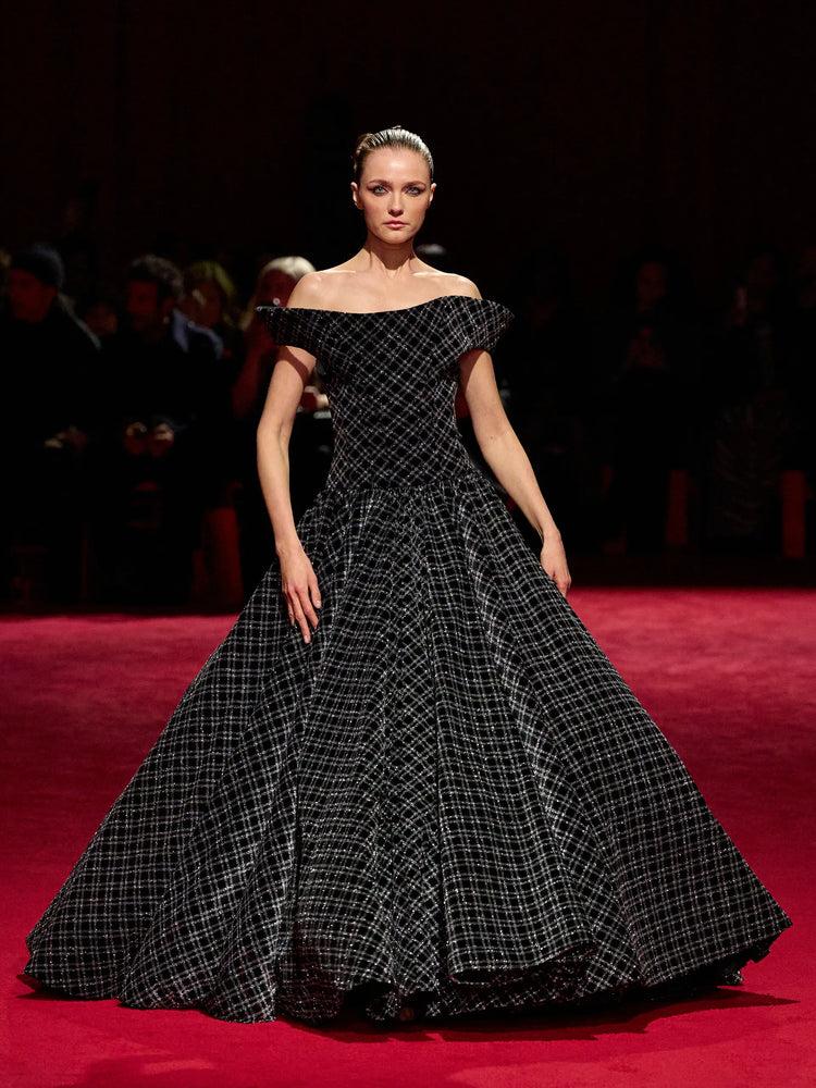 christian siriano Black and Silver Sparkle Velvet Plaid Off the Shoulder Ball Gown