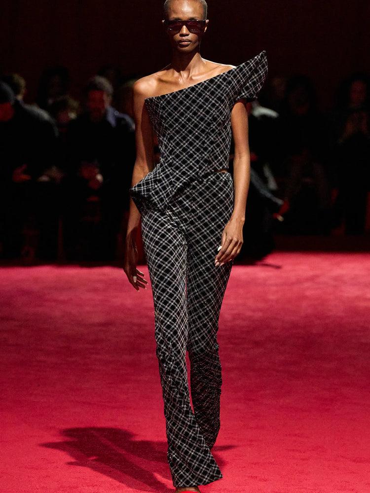 christian siriano Black and Silver Sparkle Velvet Plaid Structured Asymmetric Top