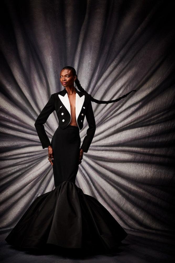 christian siriano Black and White Cropped Tuxedo Jacket