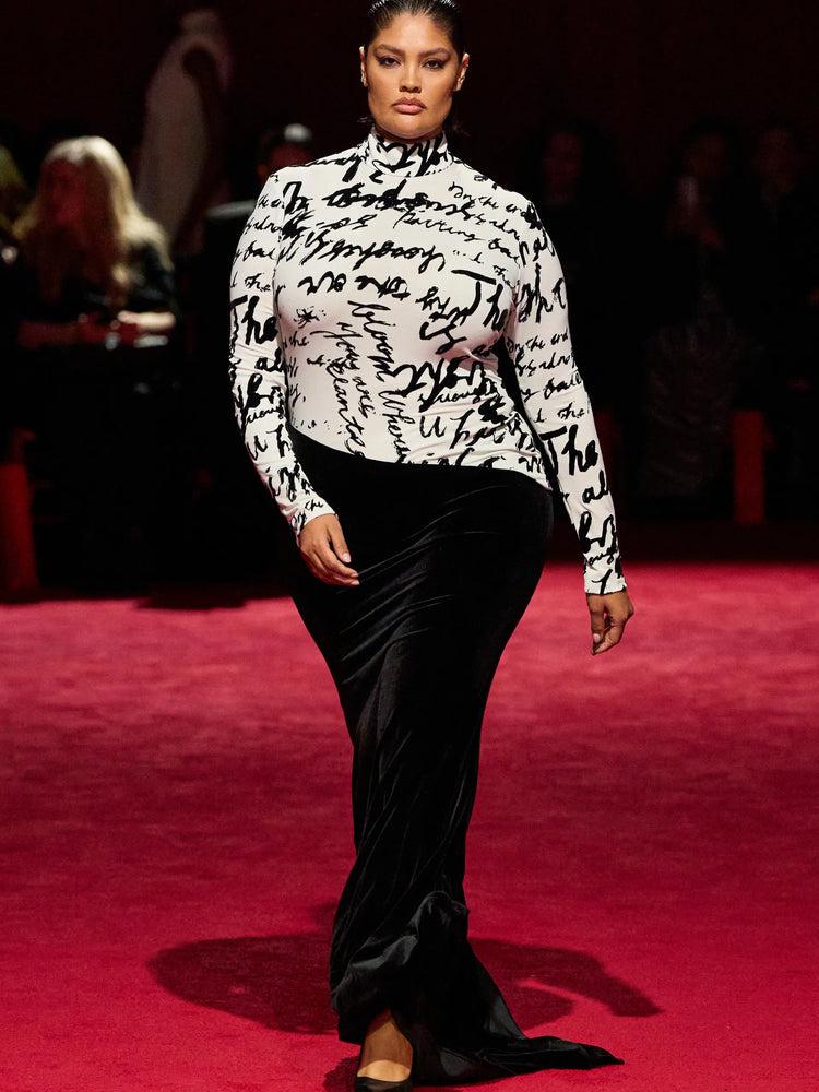 christian siriano Black and White Long Sleeve Velvet Script Gown