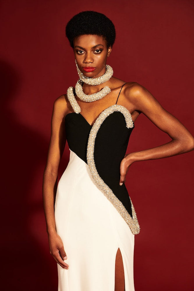 christian siriano Black and White Velvet Gown with Crystal Embroidered Appliqué