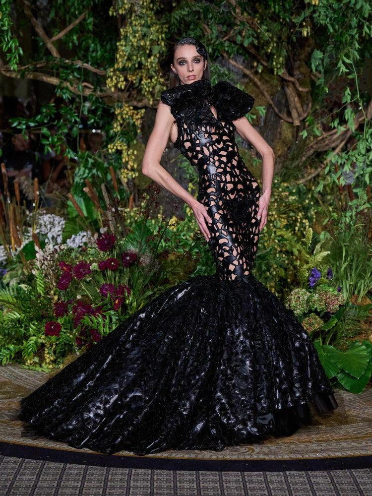 christian siriano BLACK BEADED LASER CUT VEGAN LEATHER MERMAID GOWN