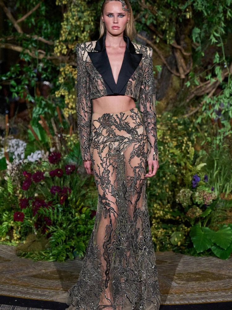 christian siriano BLACK CRYSTALIZED SEQUIN SATIN LAPEL CROPPED BLAZER