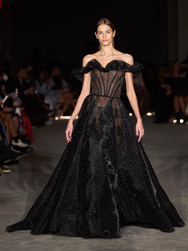 christian siriano Black Crystallized Mesh Cage Gown