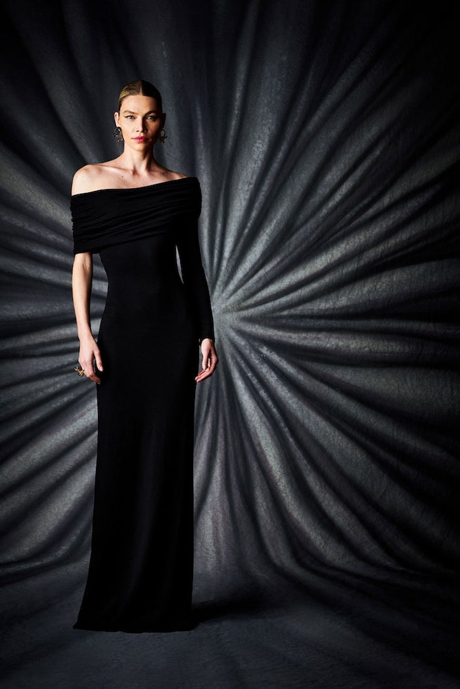 christian siriano Black Draped Off the Shoulder One Sleeve Gown