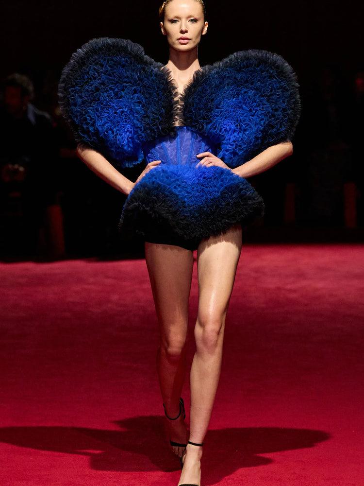 christian siriano Black & Electric Blue Ombré Tulle Corseted Structured Mini Dress