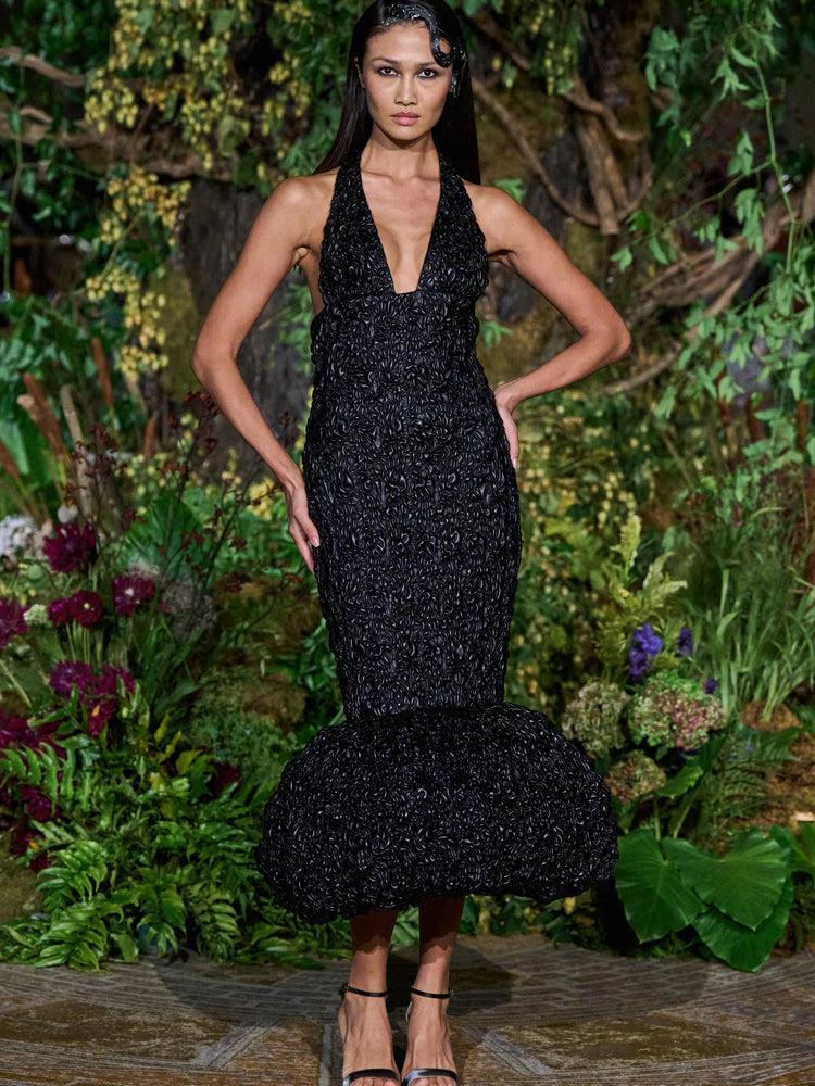 christian siriano BLACK EMBROIDERED BUBBLE VEGAN LEATHER BUBBLE HEM HALTER DRESS