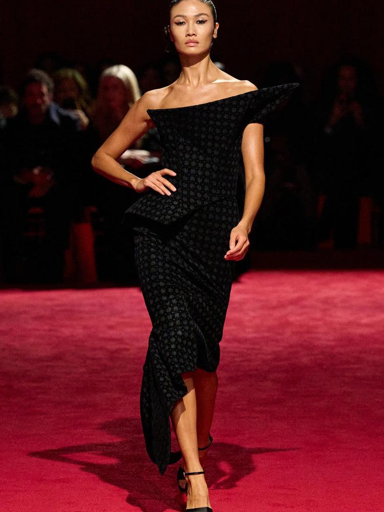 christian siriano Black Geometric Velvet Structured Peplum Dress