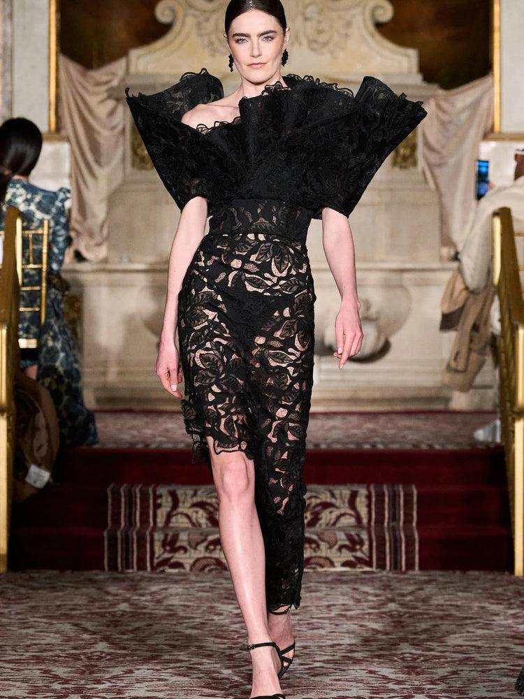 christian siriano Black Lace Dress with Structured Neckline