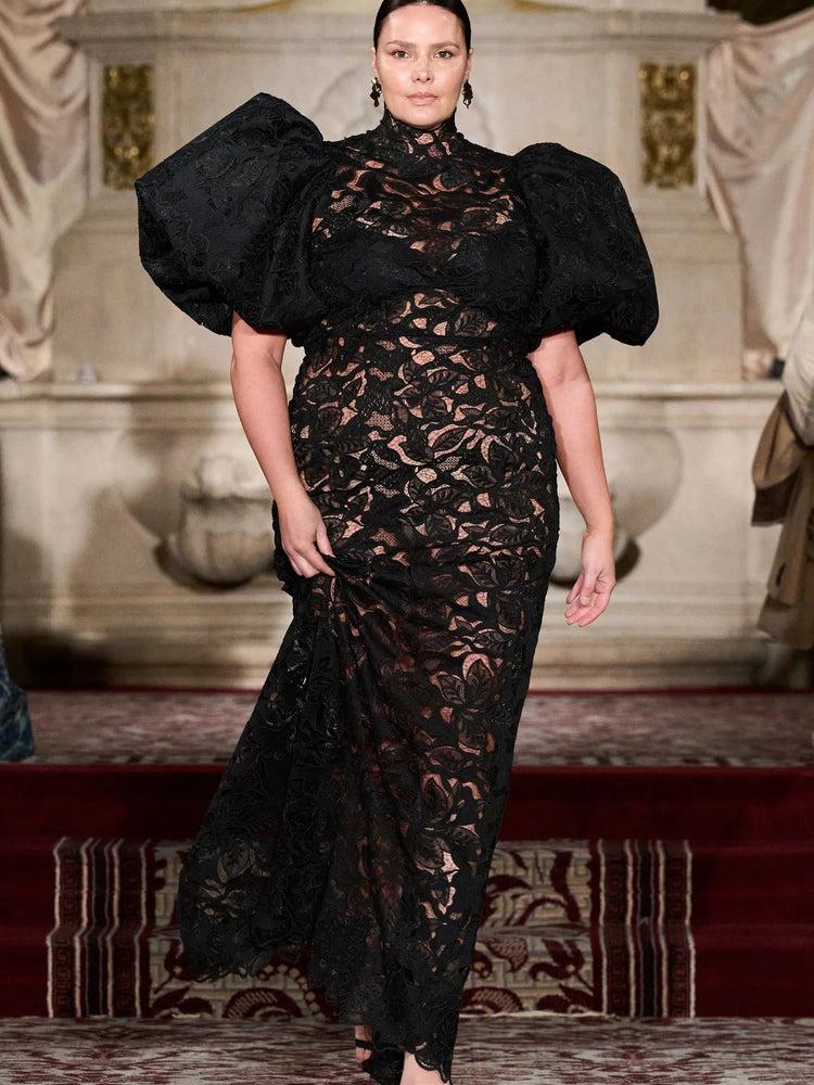 christian siriano Black Lace Puff Sleeve Column Gown