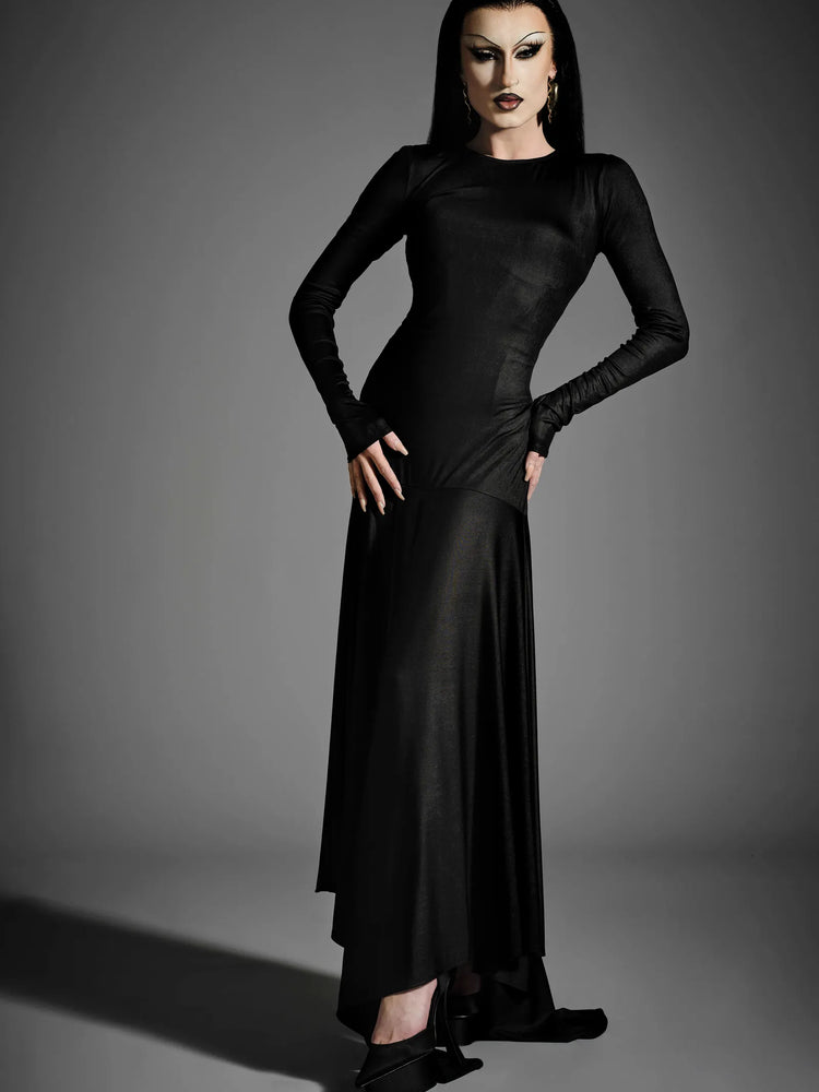 christian siriano Black Long Sleeve Drop Waist Gown