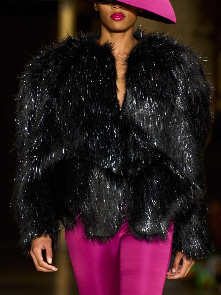 christian siriano Black Metallic Faux Fur Peplum Jacket