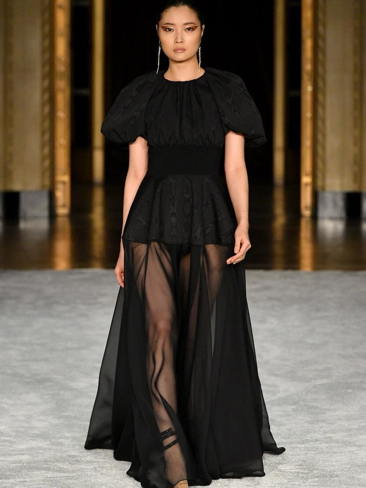 christian siriano Black Moire and Chiffon Combo A-Line Gown