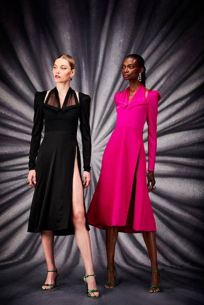 christian siriano Black Puff Sleeve Dress with Lapel Detail