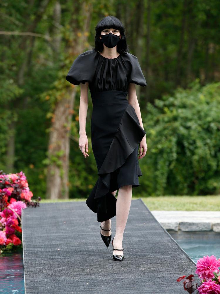 christian siriano Black Puff Sleeve Dress with Ruffle Detail