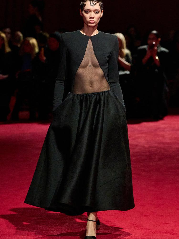 christian siriano Black Satin Long Sleeve Sheer Panel Faux Fur Drop Waist Dress