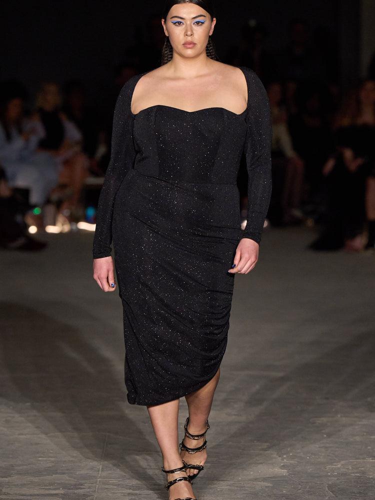 christian siriano Black Shimmer Side Ruched Long Sleeve Dress