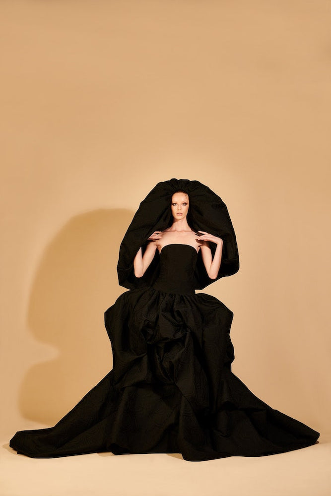 christian siriano Black Strapless Brocade Bubble Gown with Bubble Hood