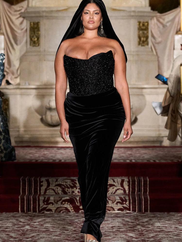 christian siriano Black Tinsel and Velvet Corset Draped Gown