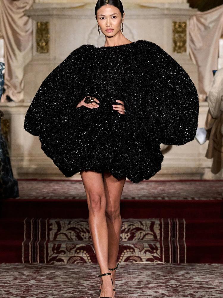 christian siriano Black Tinsel Bubble Sleeve Mini Dress