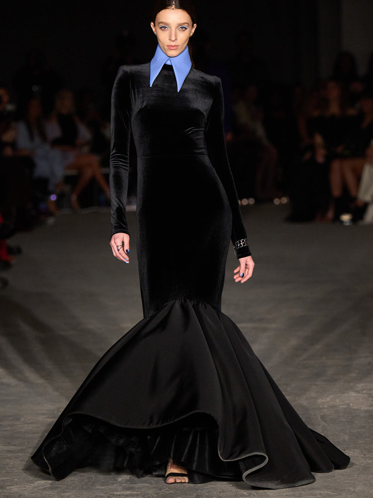 christian siriano Black Velvet Exaggerated Trumpet Gown