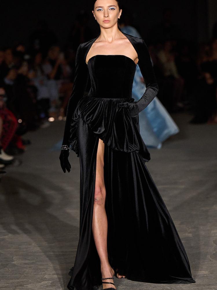 christian siriano Black Velvet Strapless Bubble Peplum Gown