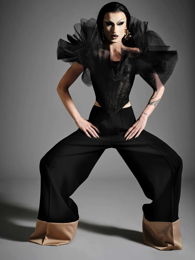 christian siriano Black Wide Leg Trouser with Nude Cuff