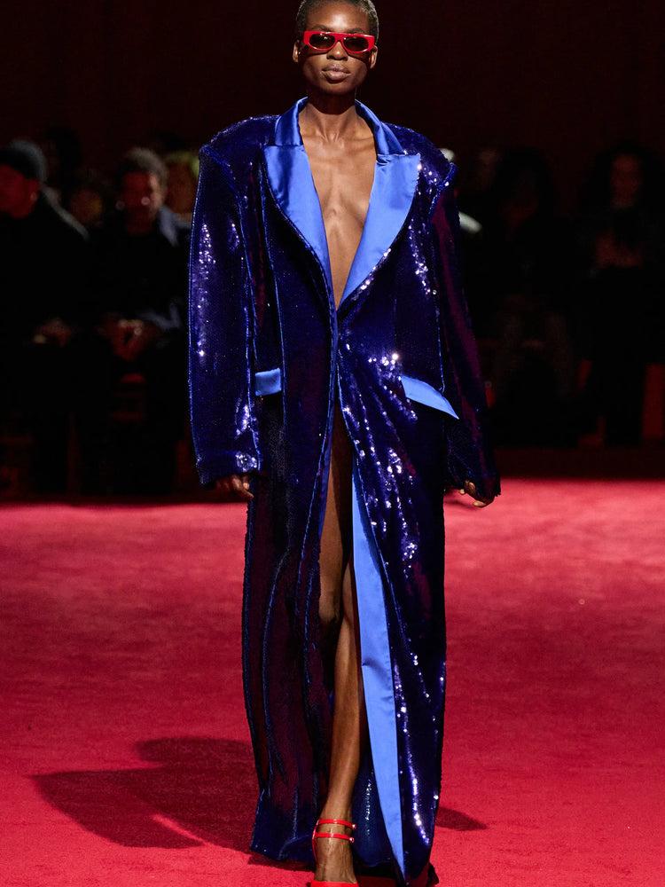 christian siriano Blue Sequin Long Line Blazer Gown with Satin Lapels