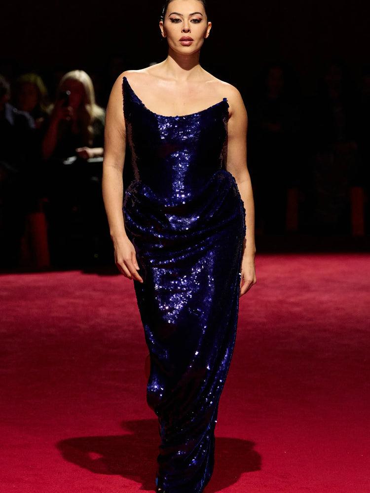 christian siriano Blue Sequin Strapless Corset Draped Gown