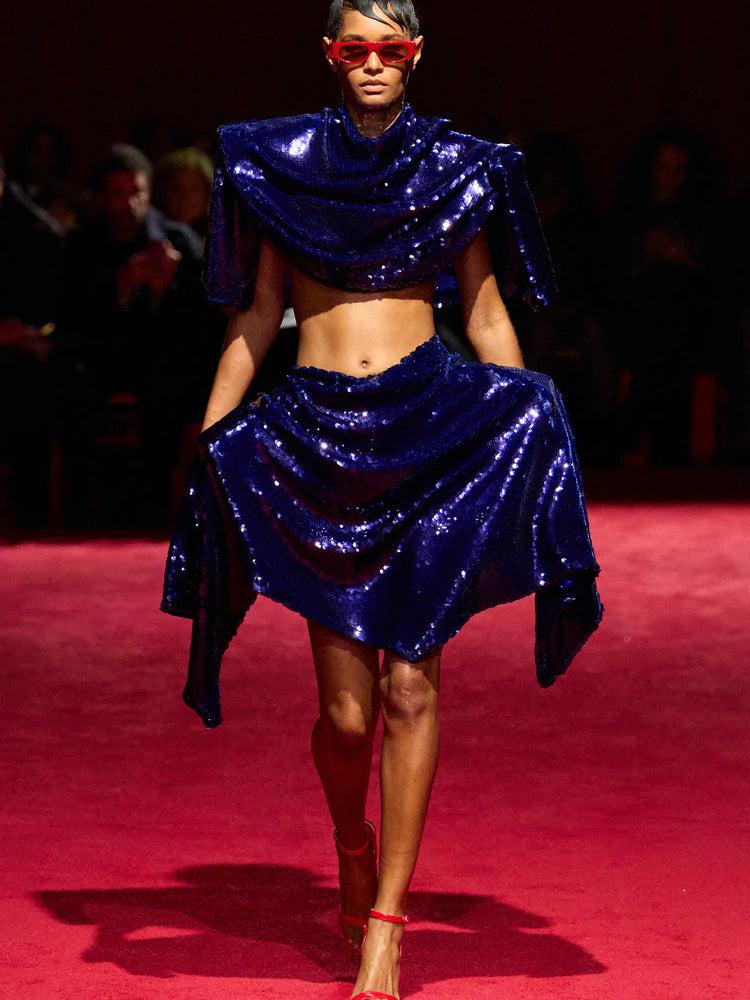 christian siriano Blue Sequin Structured Mini Skirt
