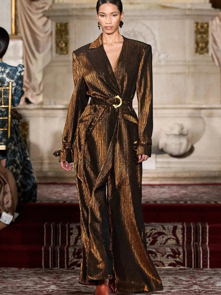 christian siriano Bronze Long Line Belted Blazer Coat
