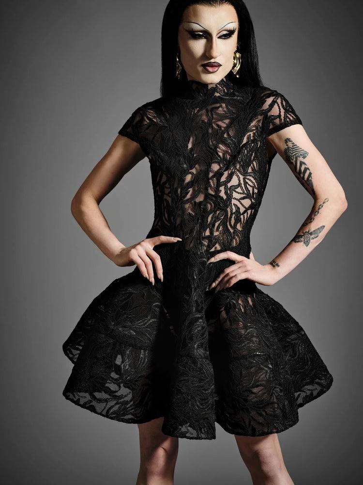 christian siriano Cap Sleeve Ruffle Hem Lace Mini Dress