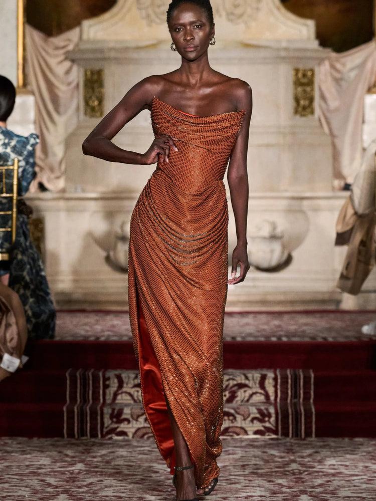 christian siriano Beaded Copper Corset Draped Gown