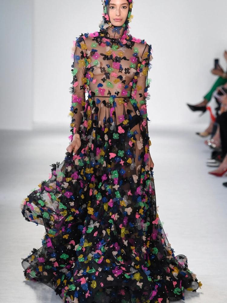 christian siriano Black Floral Appliqué Gown
