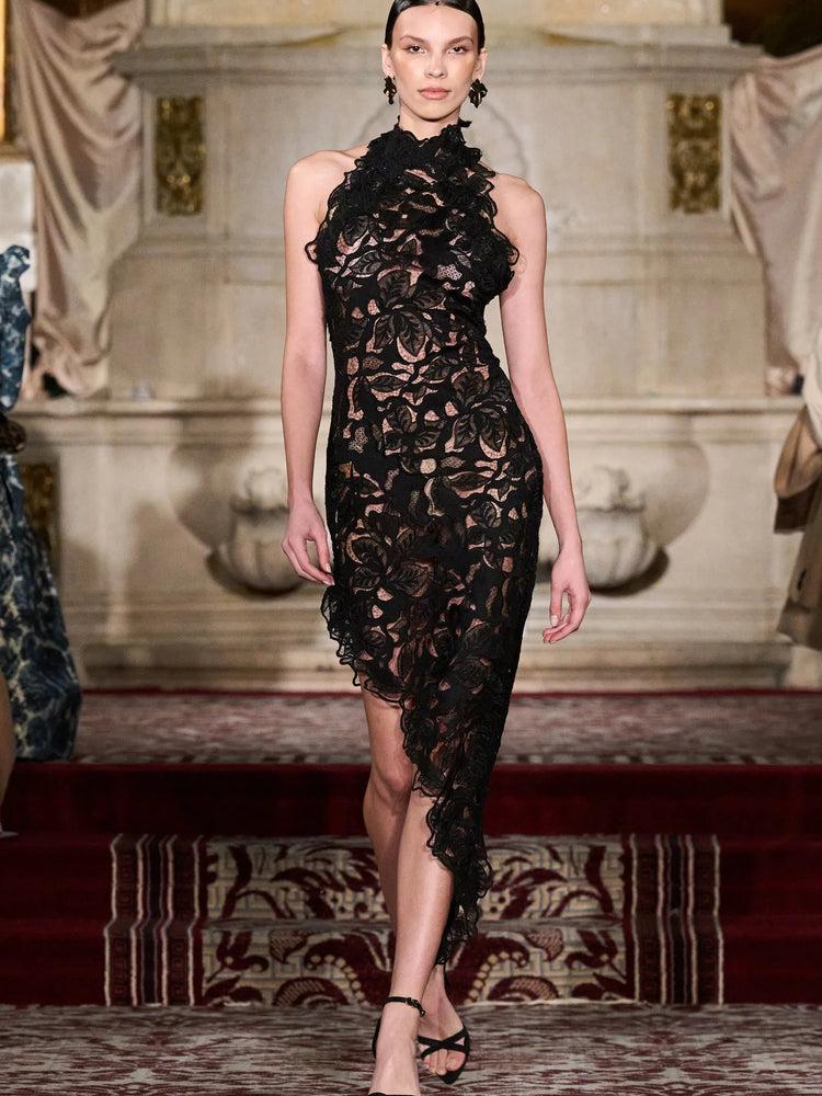 christian siriano Black Lace Halter Dress