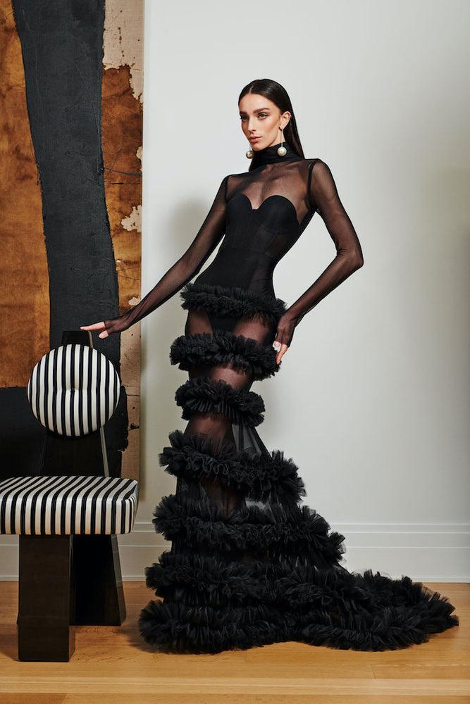 christian siriano Black Mesh Tulle Layered Gown