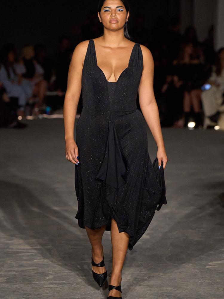 christian siriano Black Shimmer Front Ruffle Dress