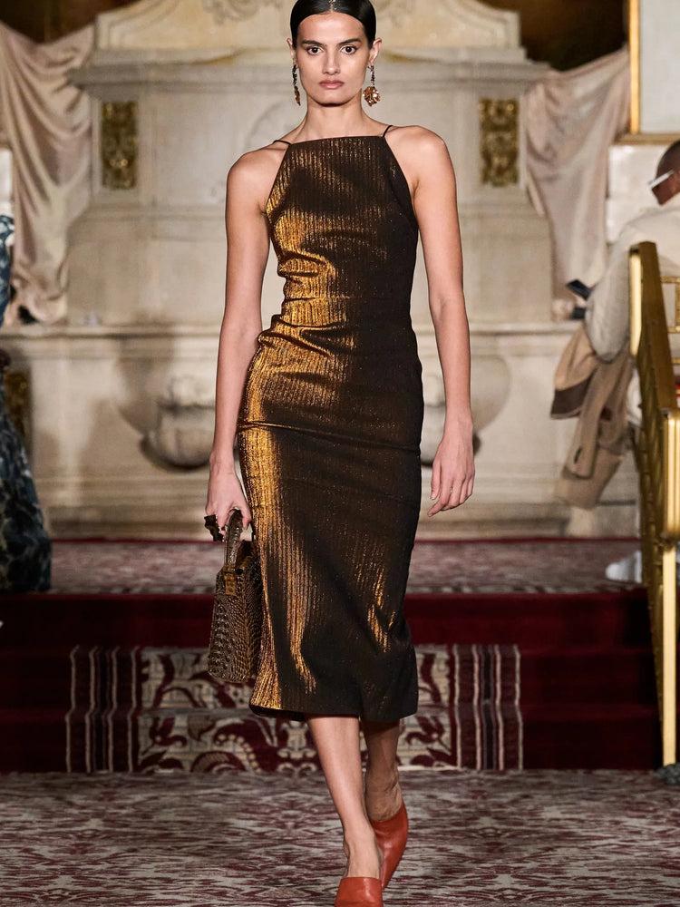 christian siriano Bronze Halter Midi Dress