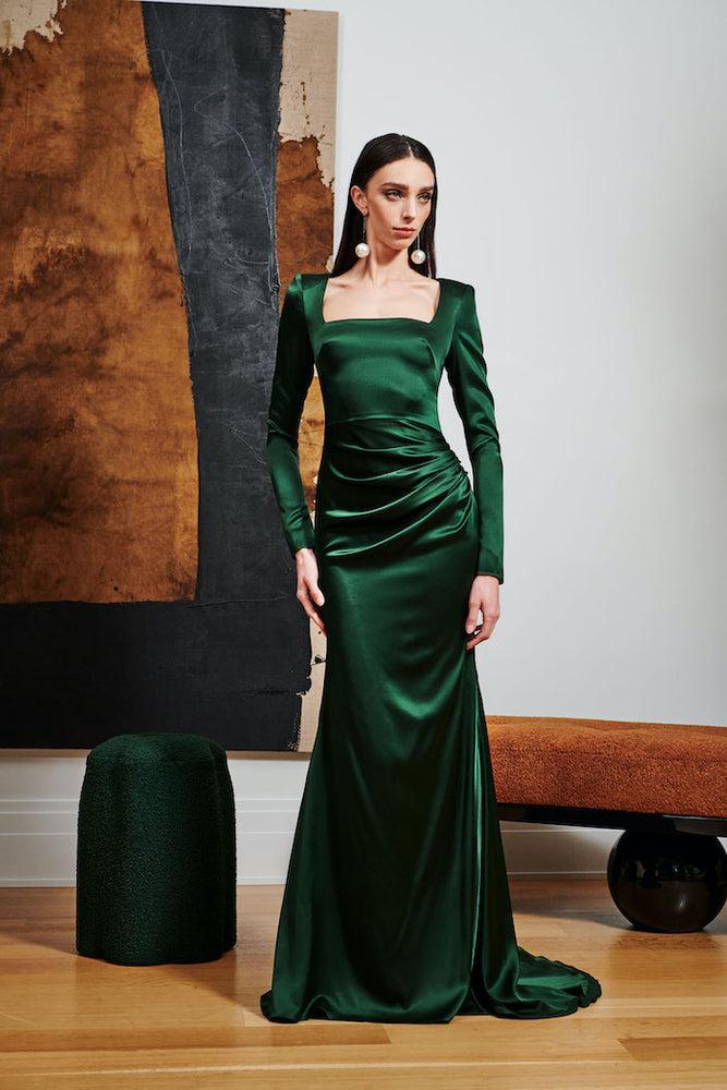 christian siriano Emerald Long Sleeve Draped Gown