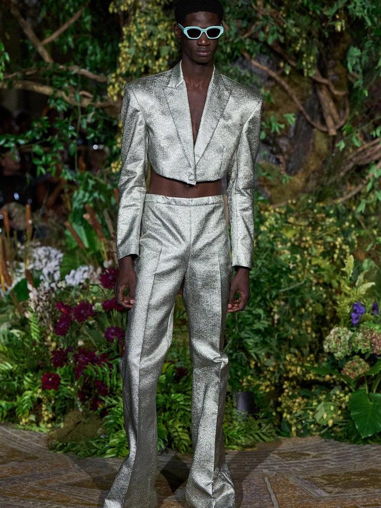 christian siriano METALLIC ICE LAMÉ FLARE TROUSERS