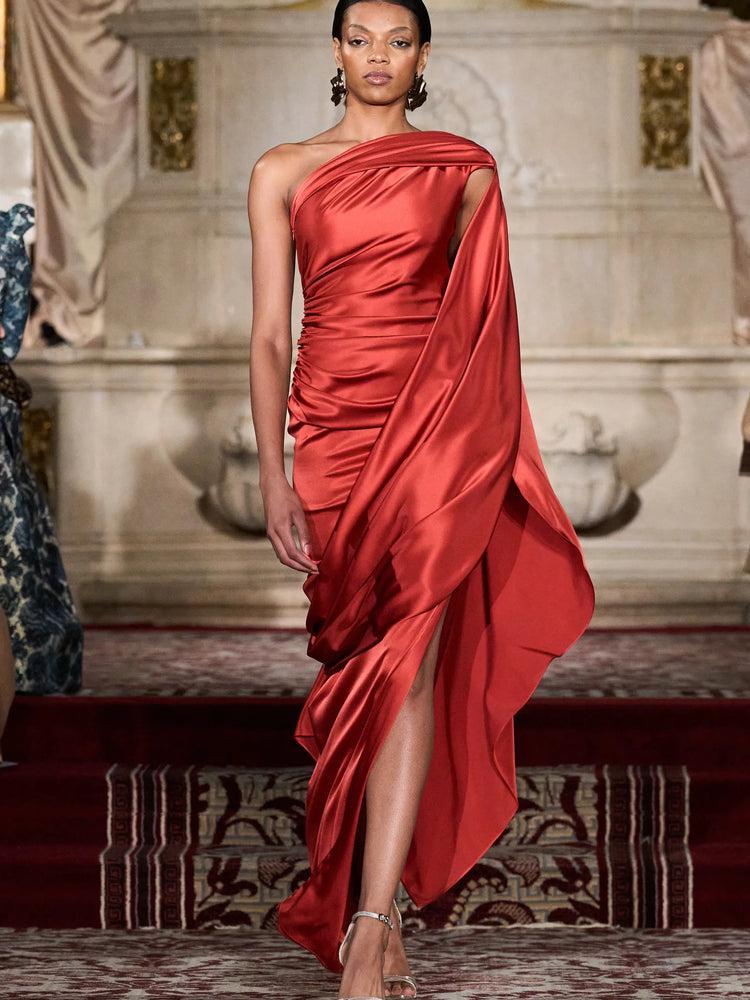christian siriano One Shoulder Draped Gown in Lava