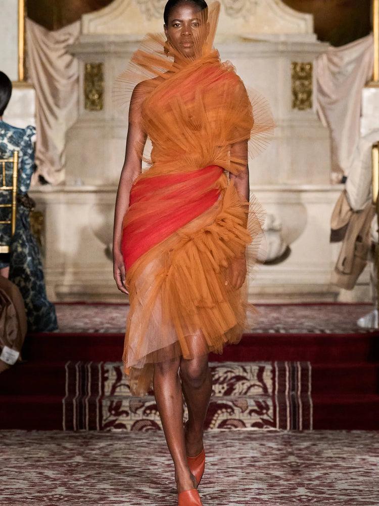 christian siriano Pleated Terracotta Tulle Dress