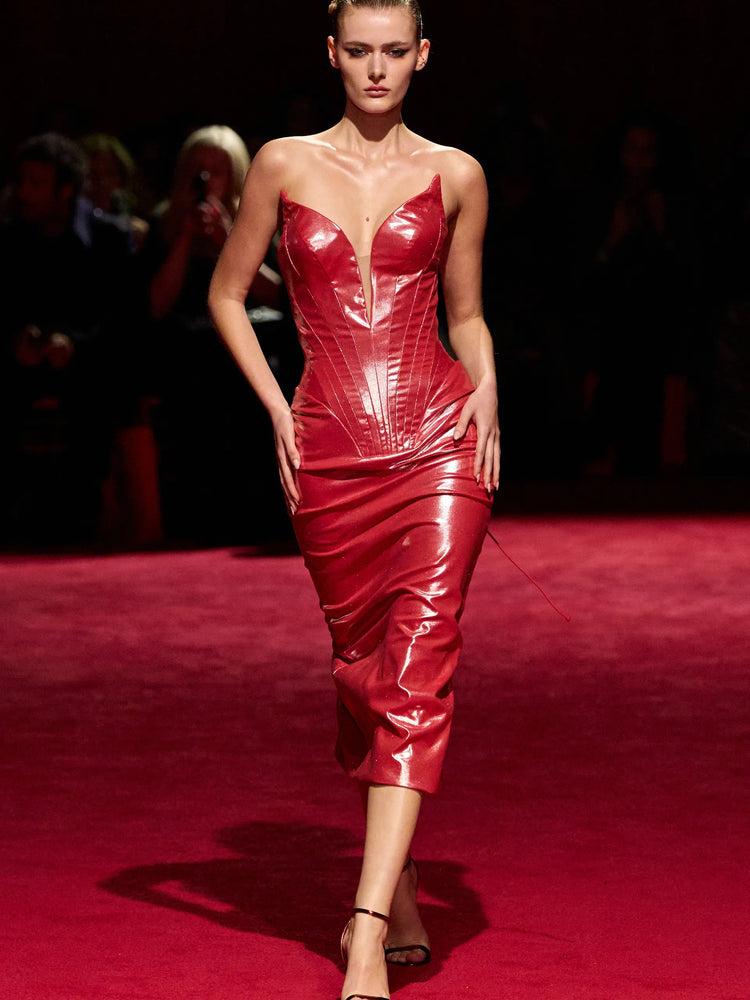 christian siriano Red Iridescent Midi Dress