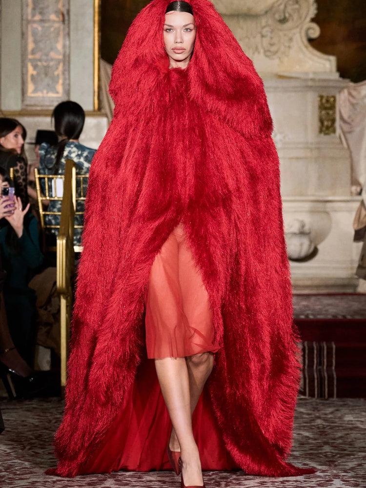 christian siriano Red Metallic Fringe Hooded Cape