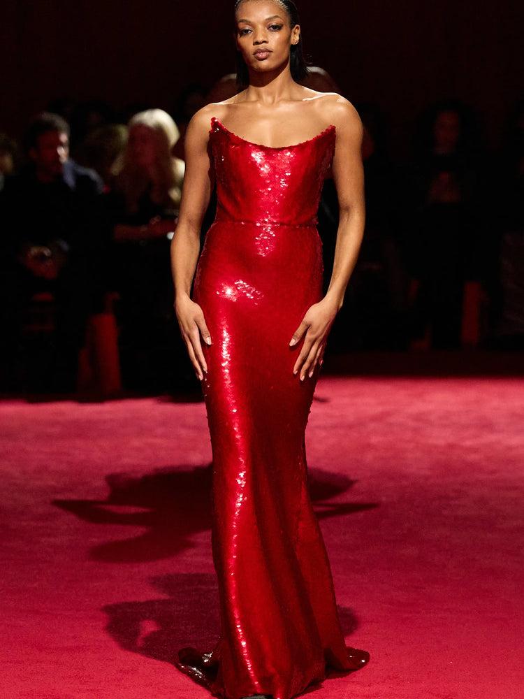 christian siriano Red Sequin Strapless Corset Gown