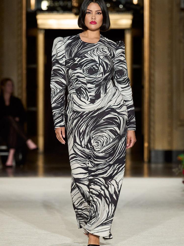 christian siriano Rose Print Puff Sleeve Gown