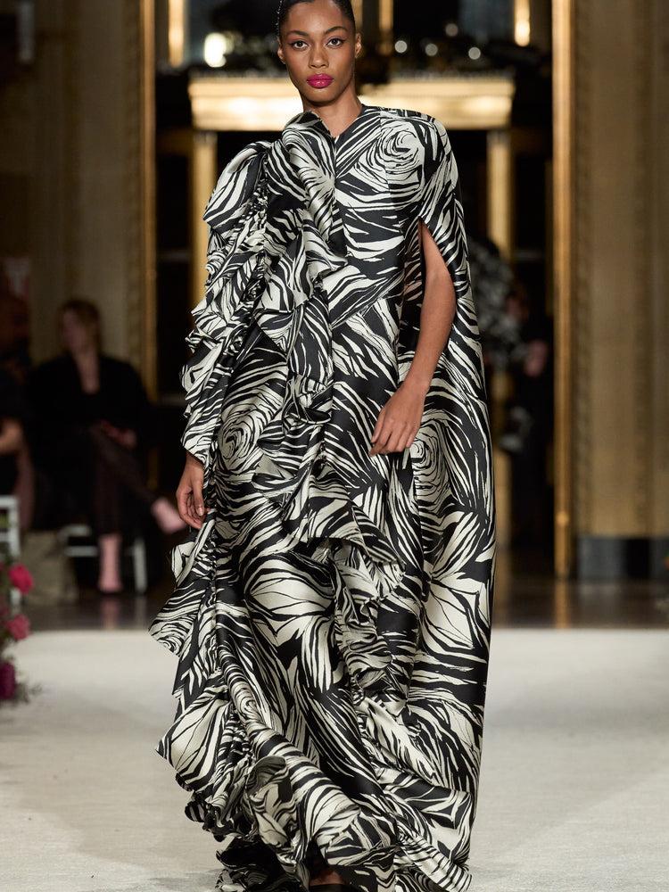 christian siriano Rose Print Ruffled Cape Gown